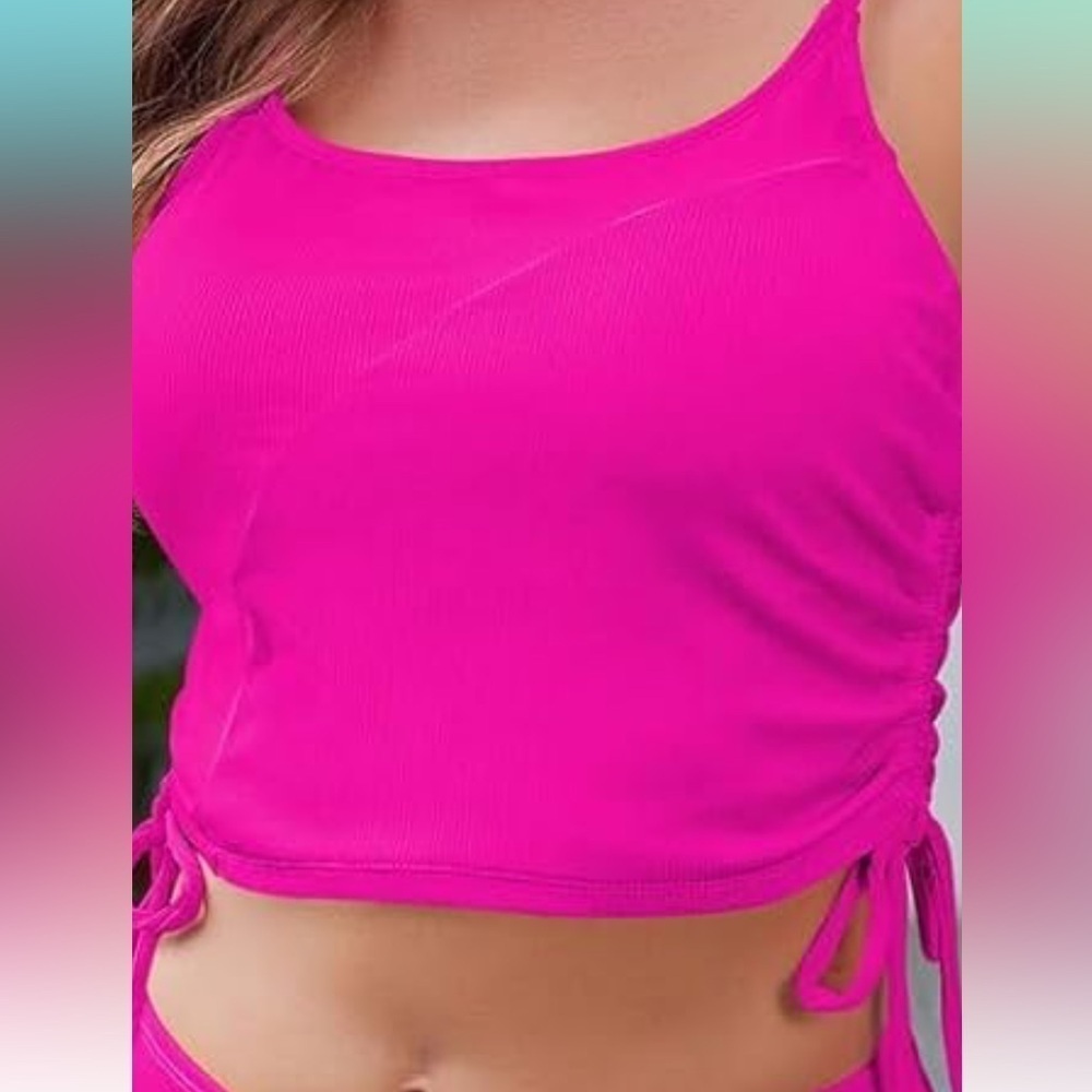 NEW Pink Women's Swimsuit Scoop Neck Ribbed Drawstring Ruched Crop Top XL A36